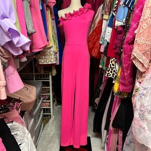SHEIN Pink One-Shoulder Ruffle Jumpsuit
